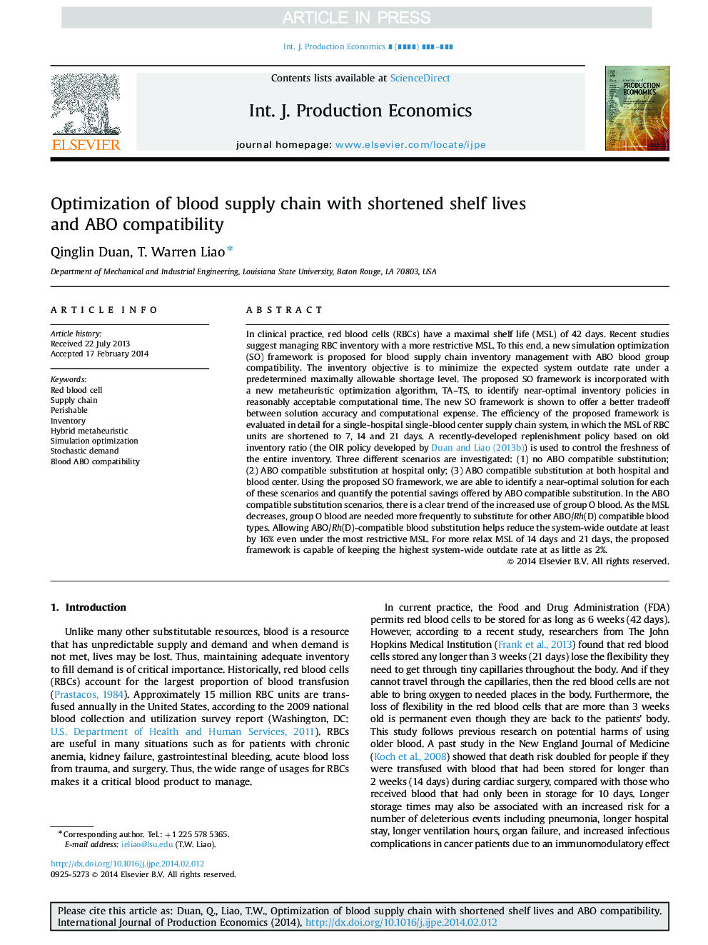 Optimization of blood supply chain with shortened shelf lives and ABO compatibility