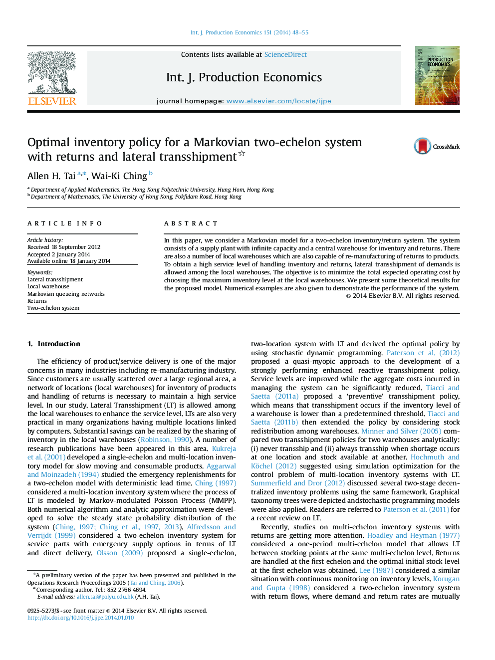 Optimal inventory policy for a Markovian two-echelon system with returns and lateral transshipment