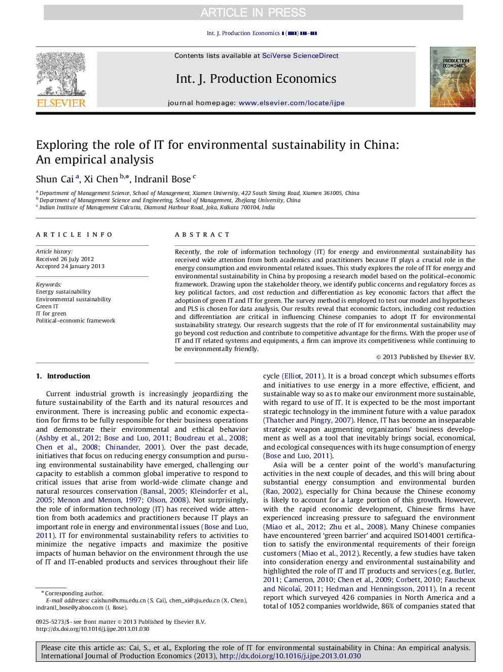 Exploring the role of IT for environmental sustainability in China: An empirical analysis