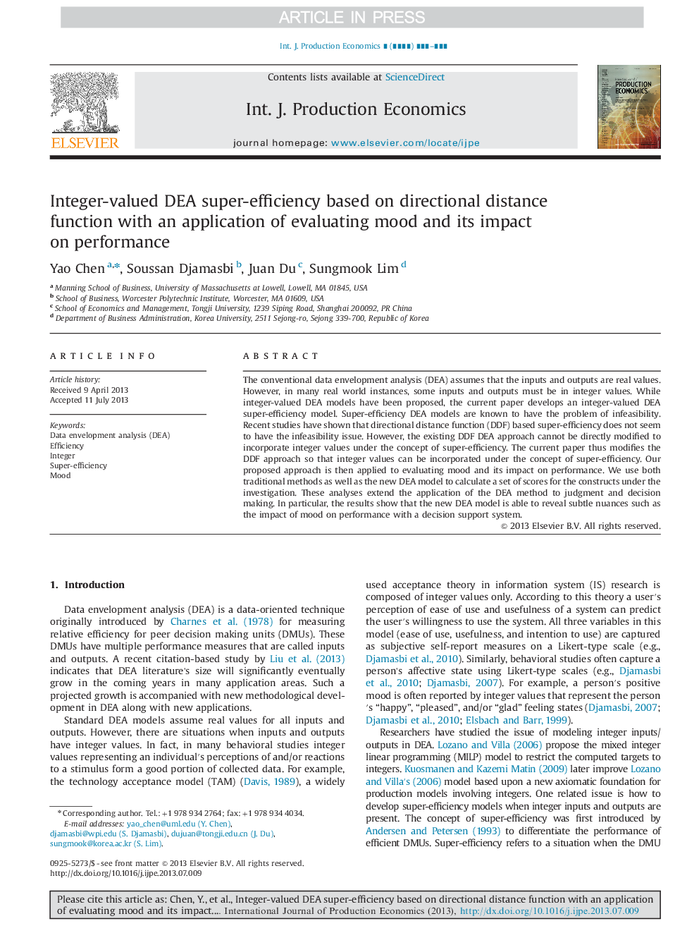 عکس صفحه اول مقاله: Integer-valued DEA super-efficiency based on directional distance function with an application of evaluating mood and its impact on performance Integer-valued DEA super-efficiency based on directional distance function with an application of evaluating mood and its impact on performance