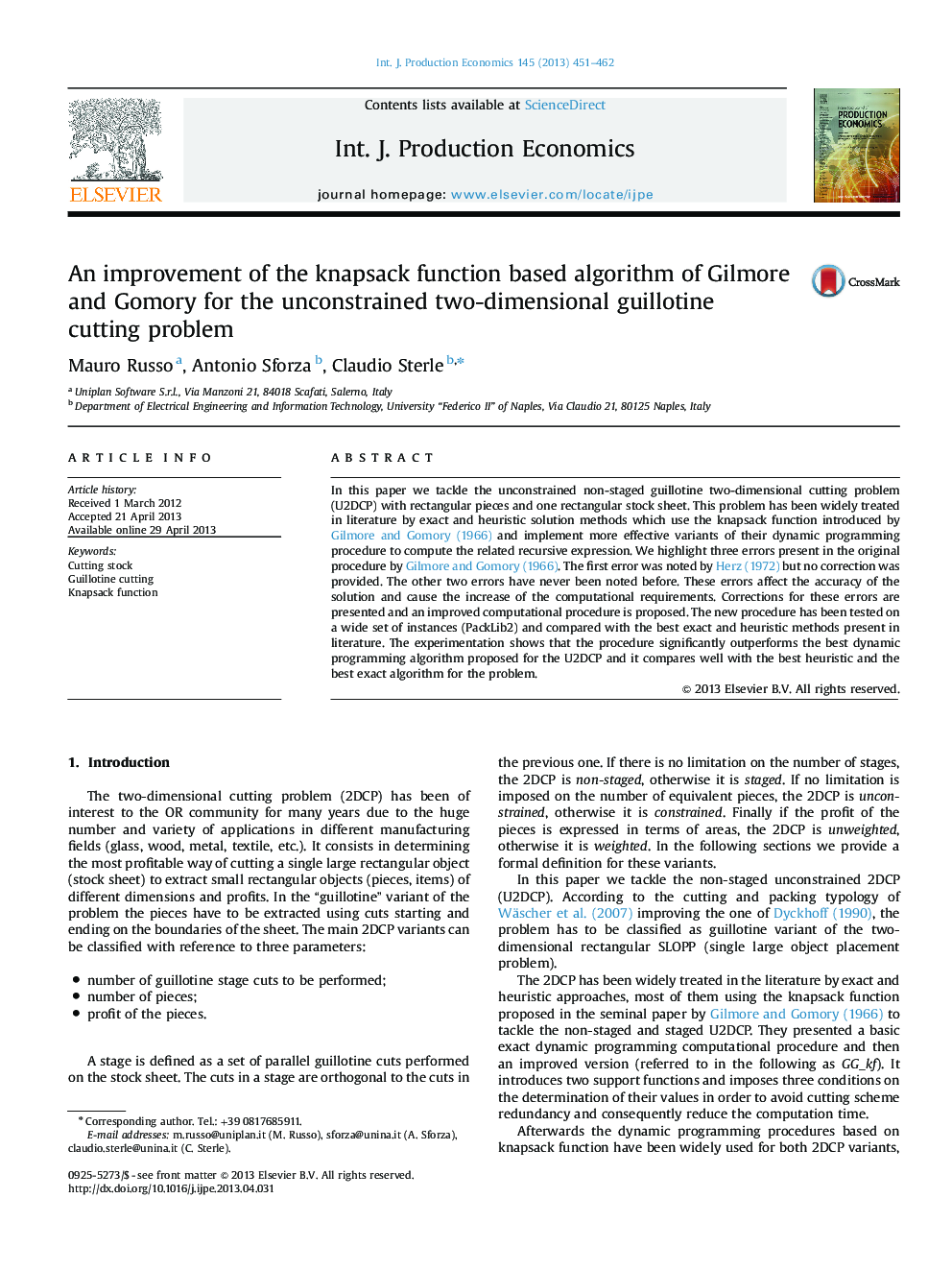 An improvement of the knapsack function based algorithm of Gilmore and Gomory for the unconstrained two-dimensional guillotine cutting problem