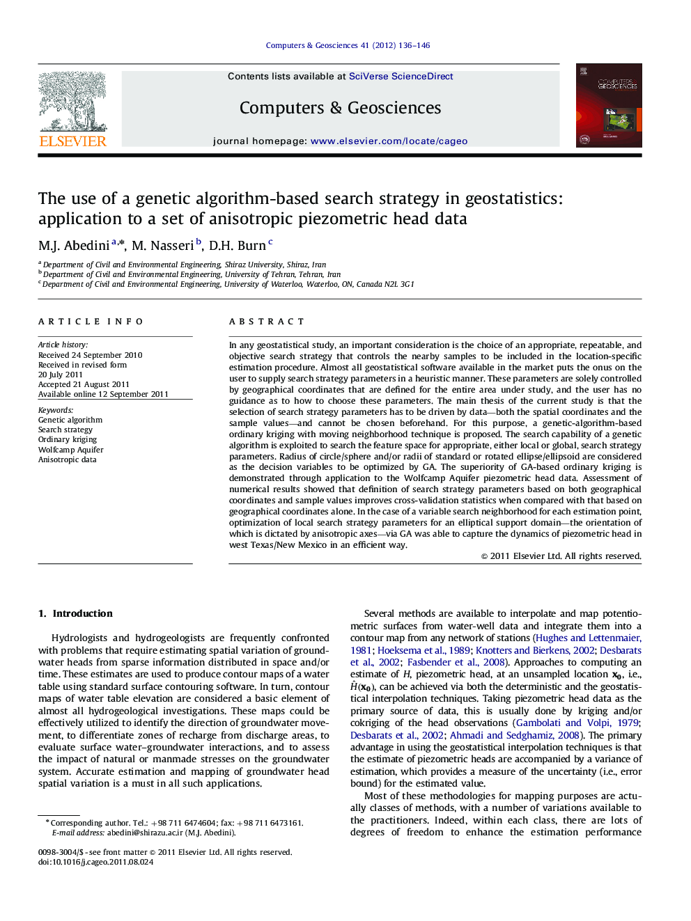 The use of a genetic algorithm-based search strategy in geostatistics: application to a set of anisotropic piezometric head data