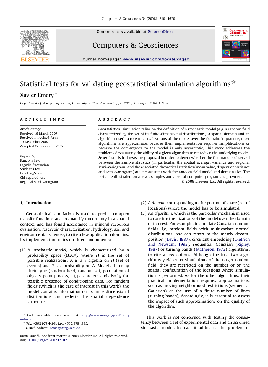 Statistical tests for validating geostatistical simulation algorithms 