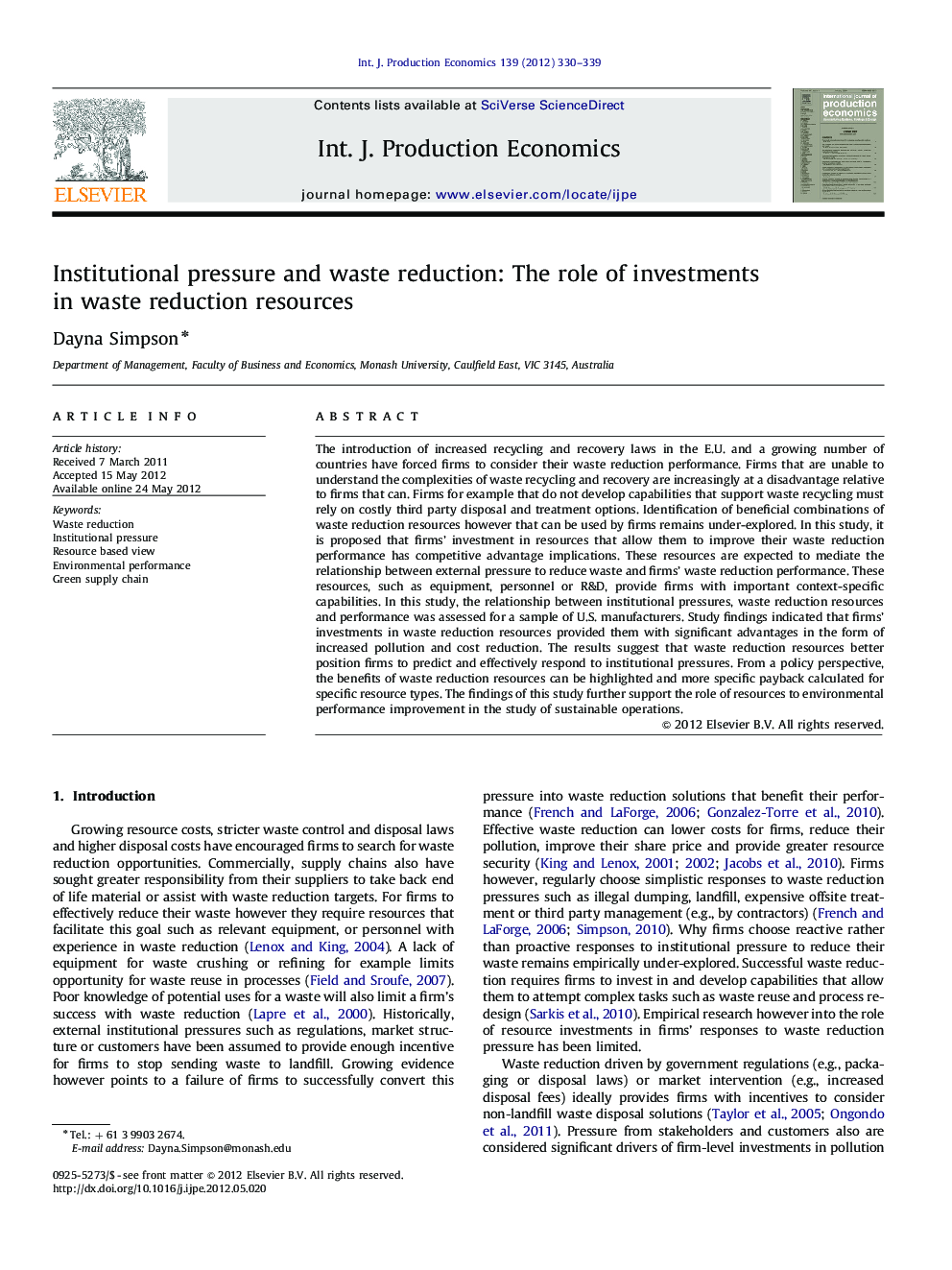 Institutional pressure and waste reduction: The role of investments in waste reduction resources