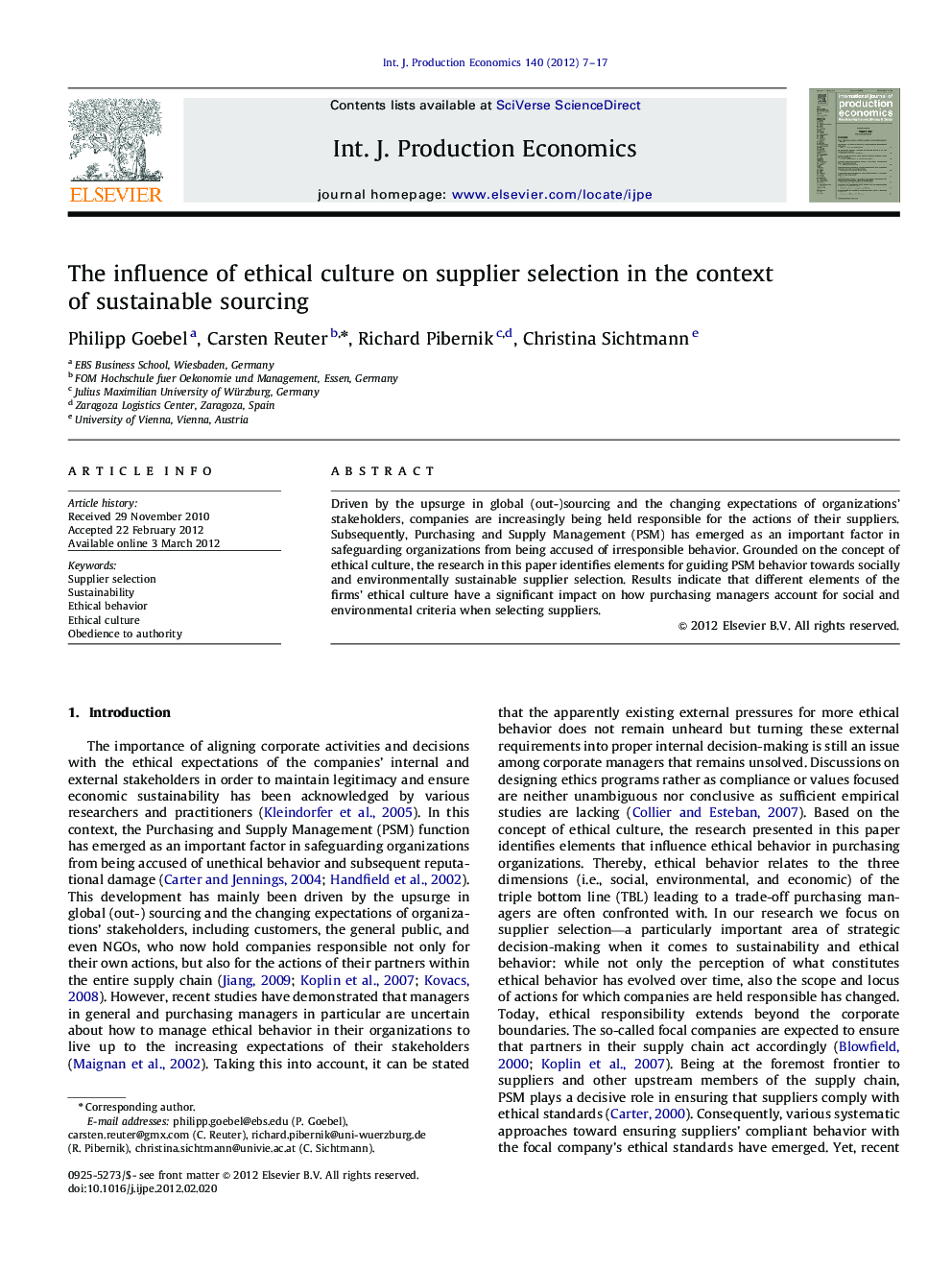 The influence of ethical culture on supplier selection in the context of sustainable sourcing