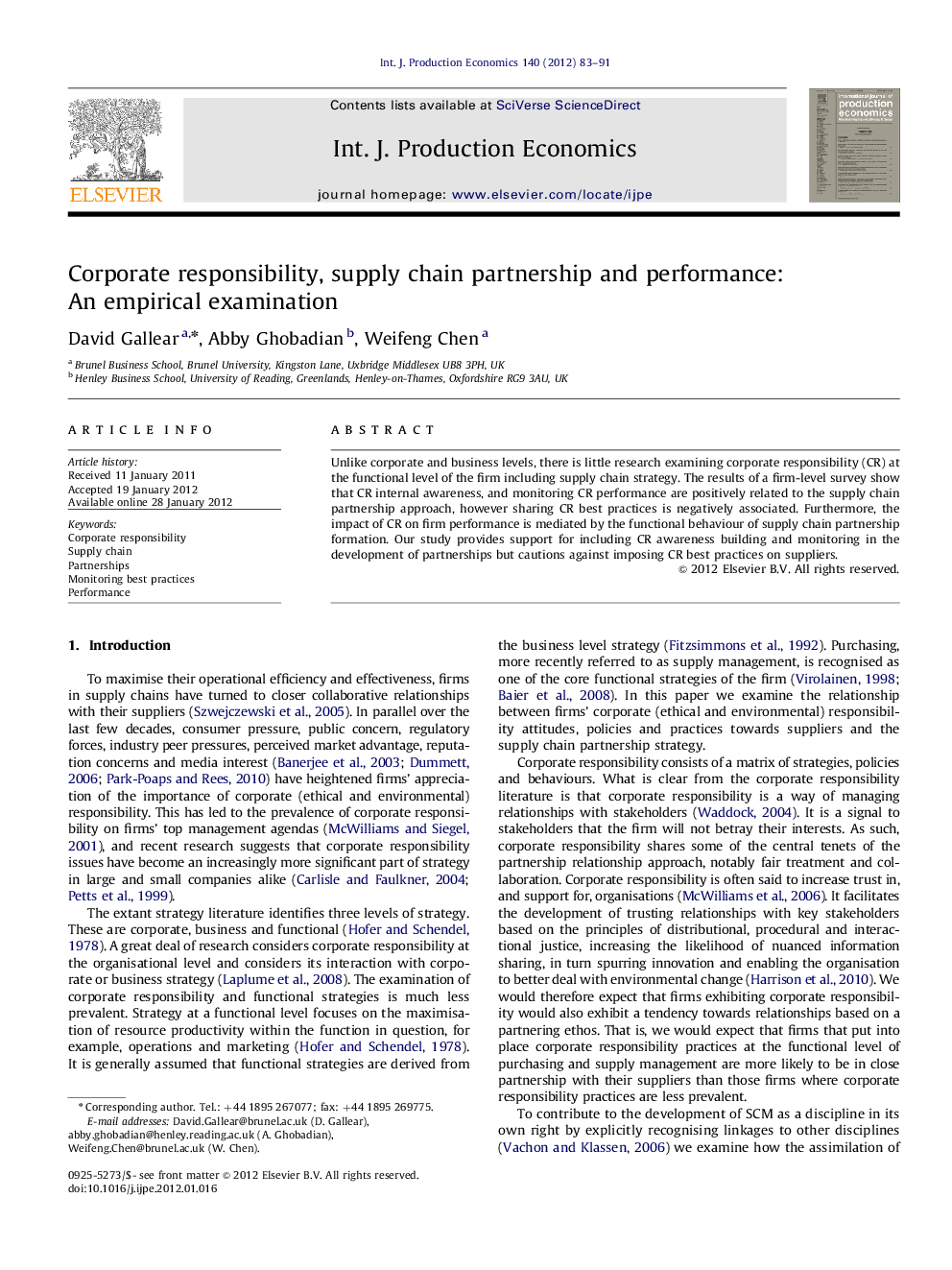 Corporate responsibility, supply chain partnership and performance: An empirical examination