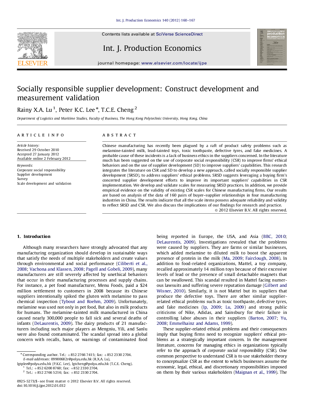 عکس صفحه اول مقاله: Socially responsible supplier development: Construct development and measurement validation Socially responsible supplier development: Construct development and measurement validation