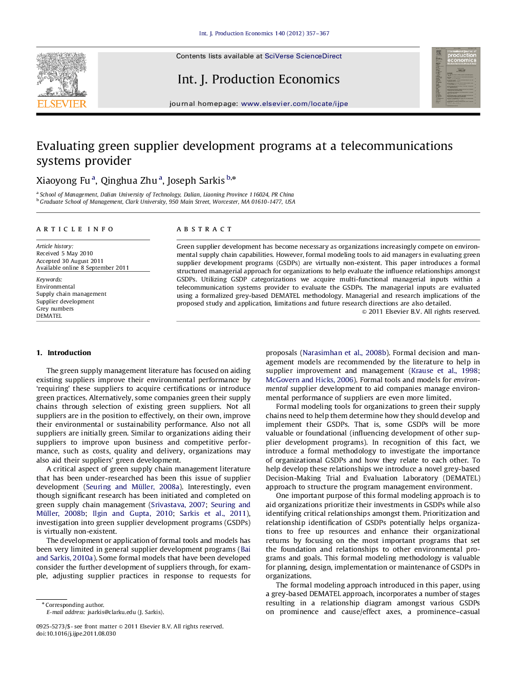 Evaluating green supplier development programs at a telecommunications systems provider