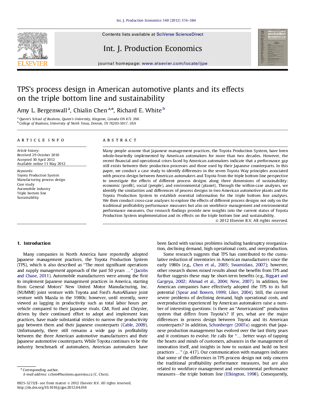 TPS's process design in American automotive plants and its effects on the triple bottom line and sustainability