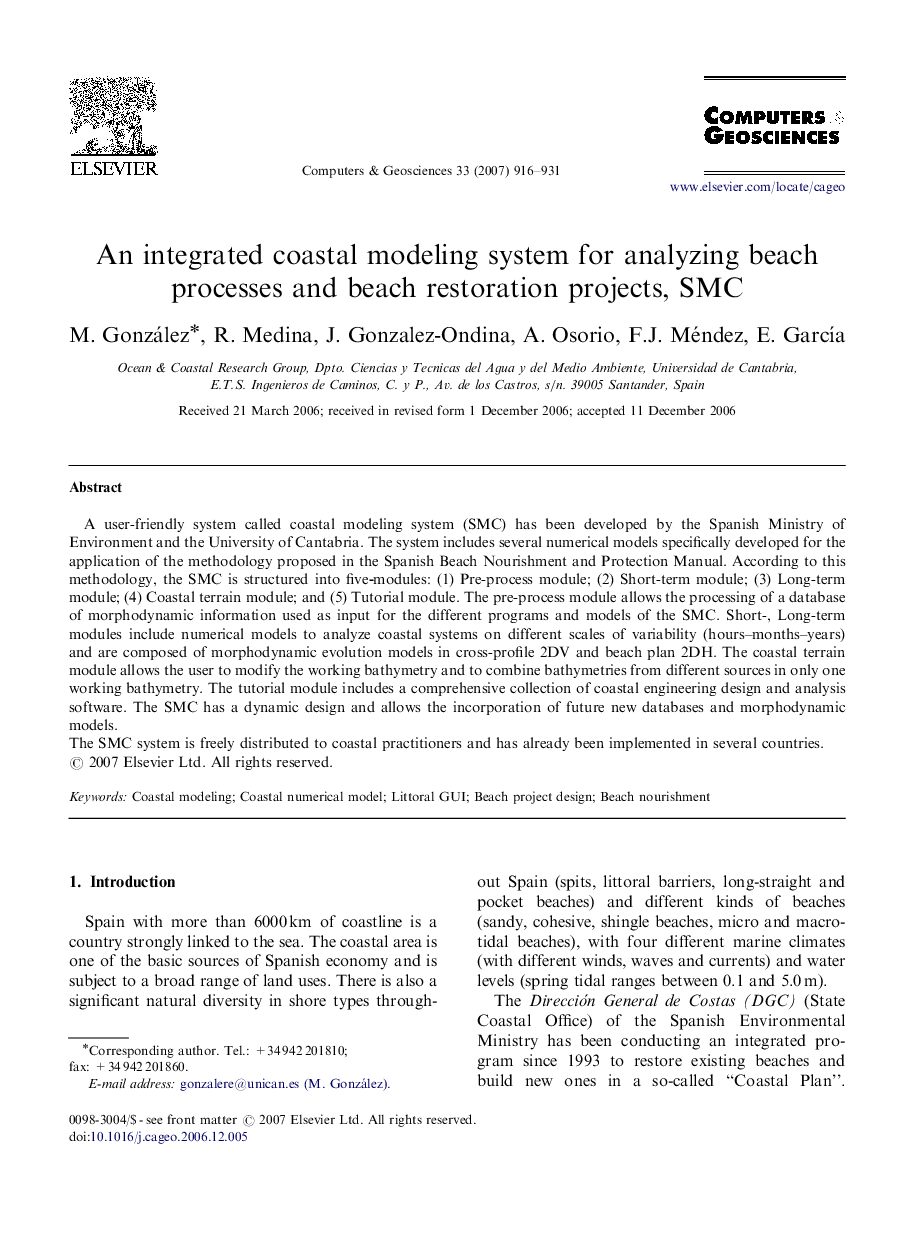 An integrated coastal modeling system for analyzing beach processes and beach restoration projects, SMC