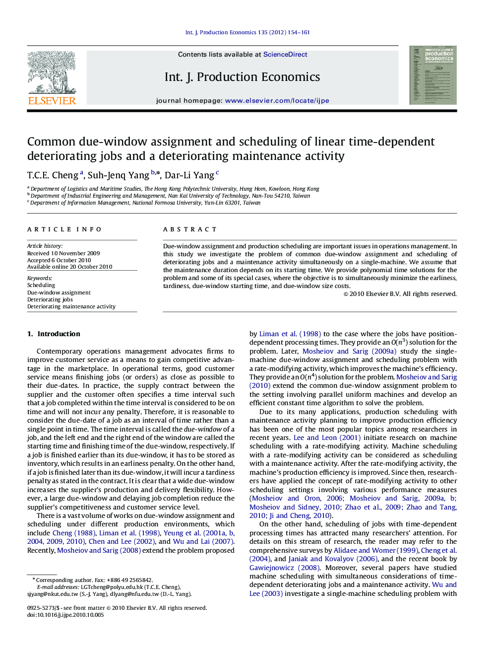 Common due-window assignment and scheduling of linear time-dependent deteriorating jobs and a deteriorating maintenance activity