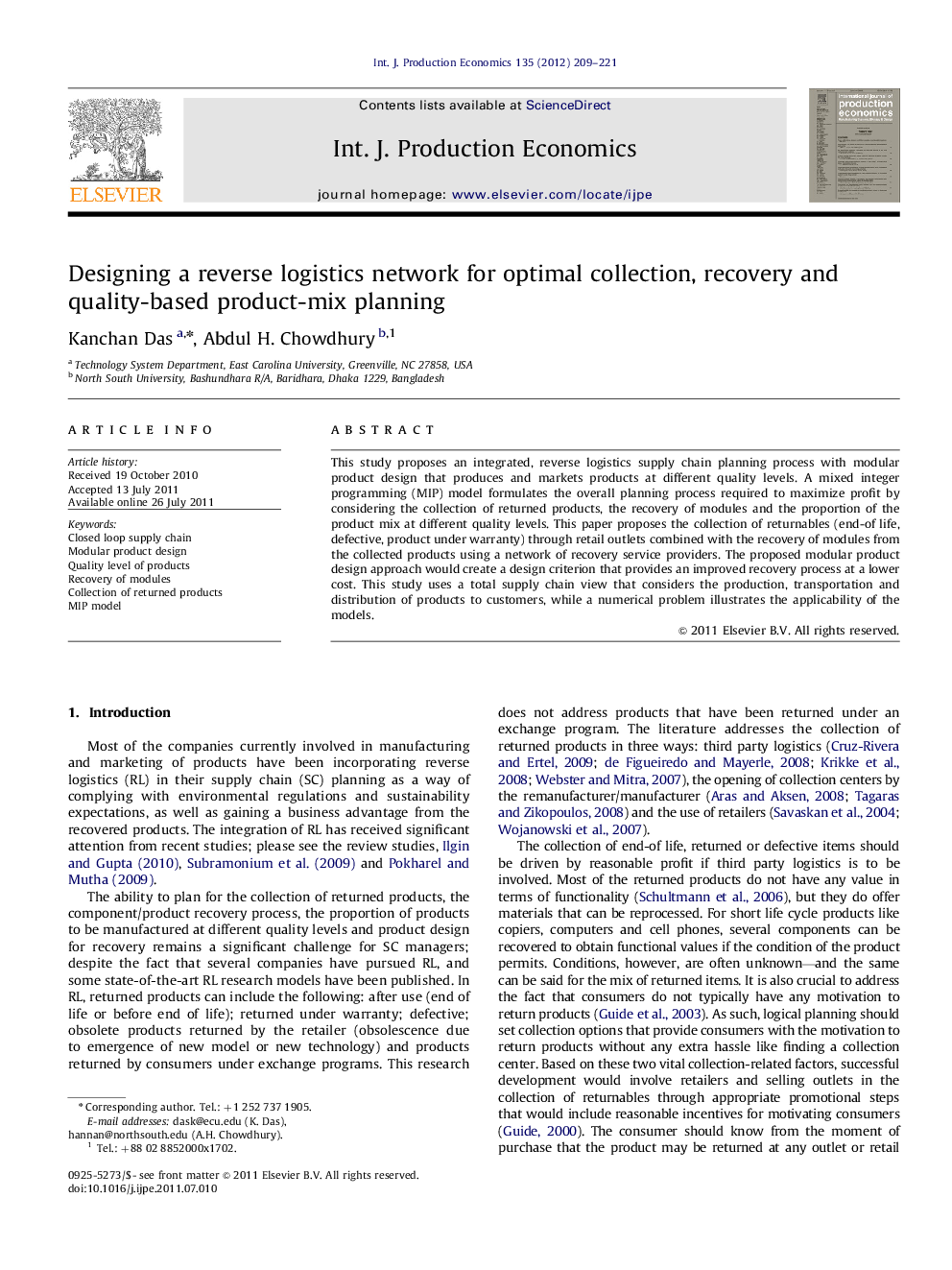 Designing a reverse logistics network for optimal collection, recovery and quality-based product-mix planning