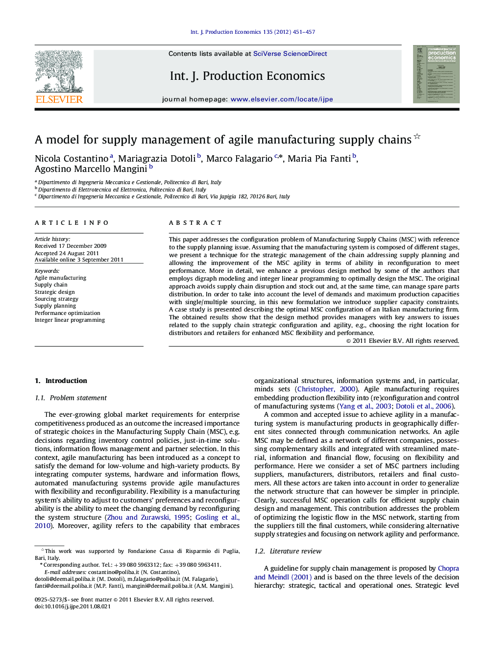 A model for supply management of agile manufacturing supply chains