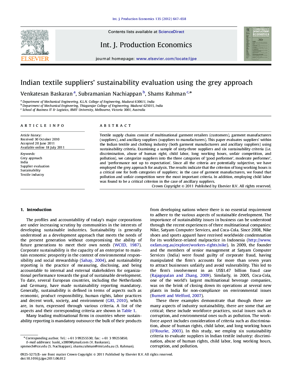 Indian textile suppliers' sustainability evaluation using the grey approach