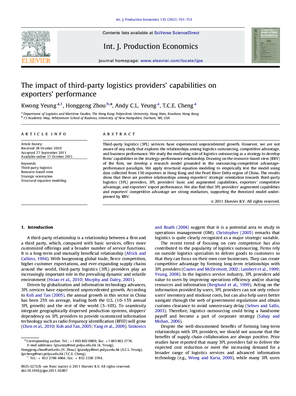 The impact of third-party logistics providers' capabilities on exporters' performance