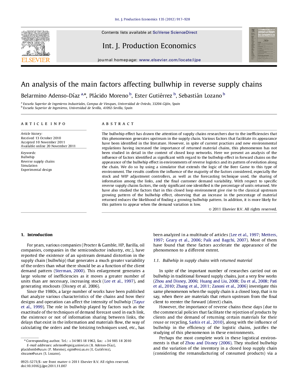 An analysis of the main factors affecting bullwhip in reverse supply chains