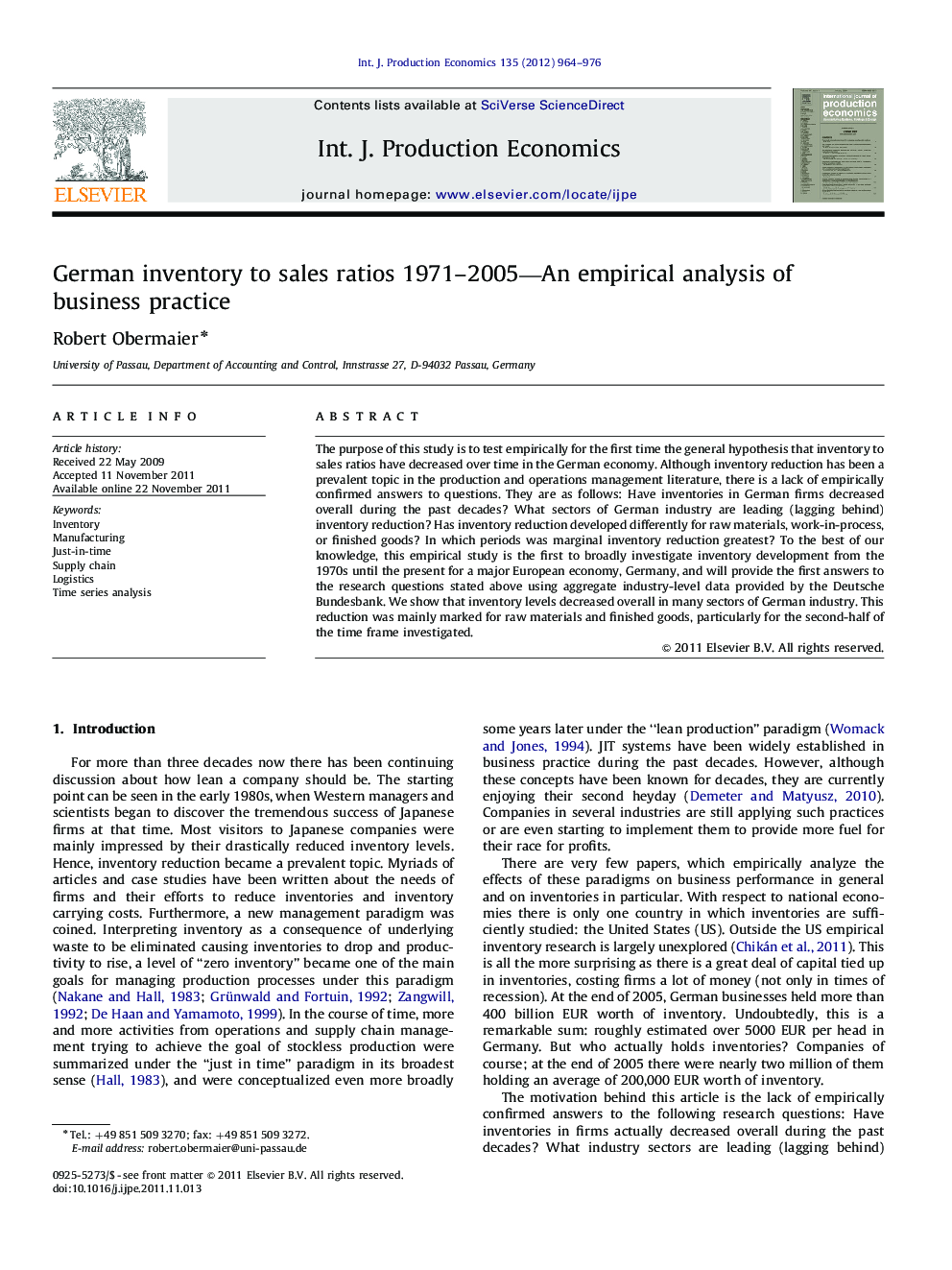 German inventory to sales ratios 1971-2005-An empirical analysis of business practice