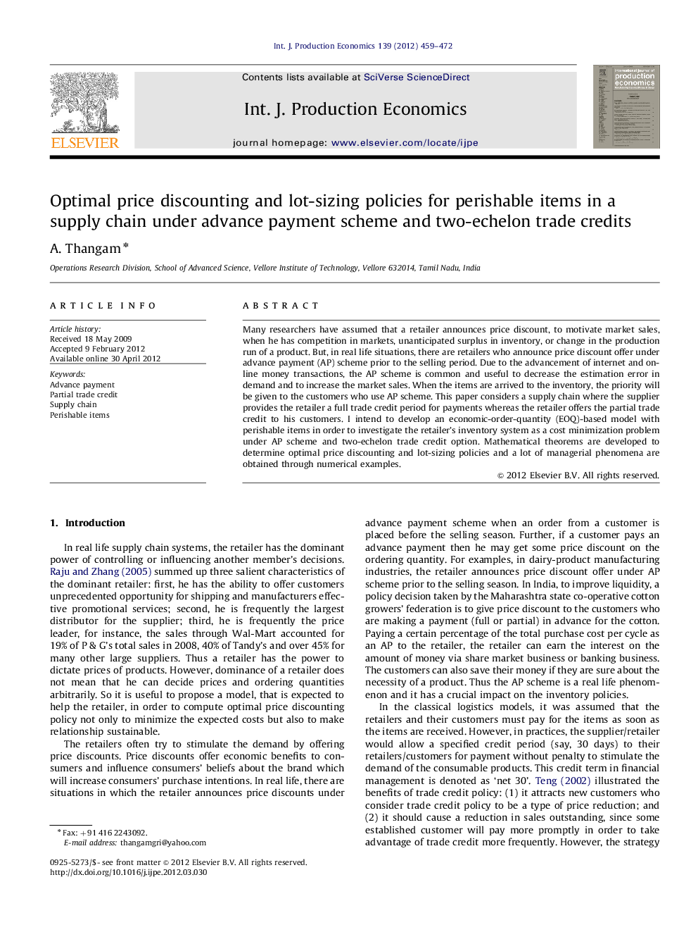 Optimal price discounting and lot-sizing policies for perishable items in a supply chain under advance payment scheme and two-echelon trade credits