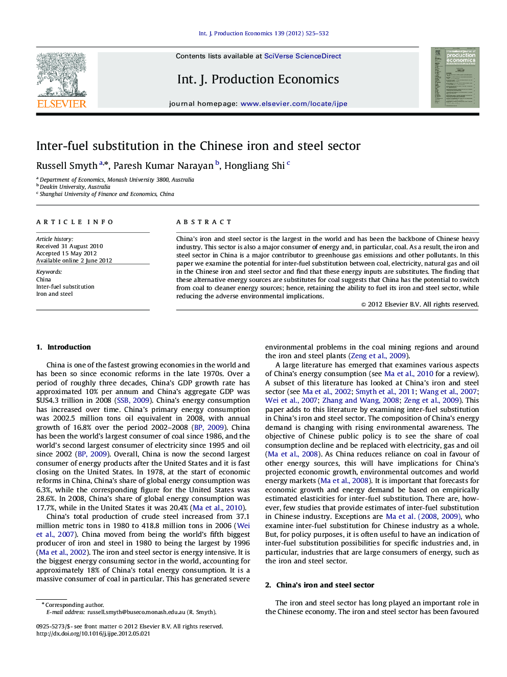 Inter-fuel substitution in the Chinese iron and steel sector