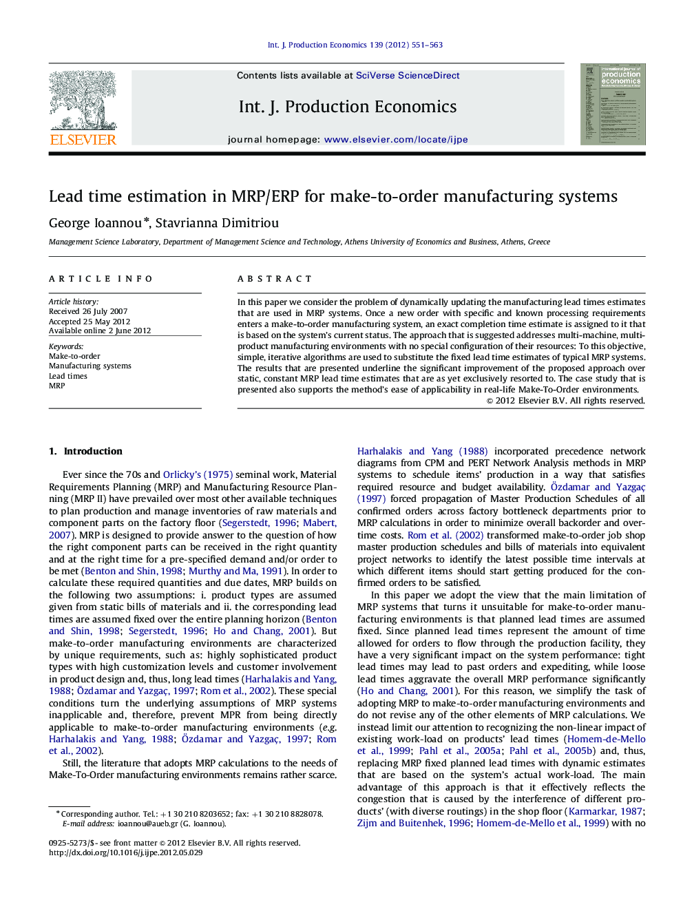 Lead time estimation in MRP/ERP for make-to-order manufacturing systems