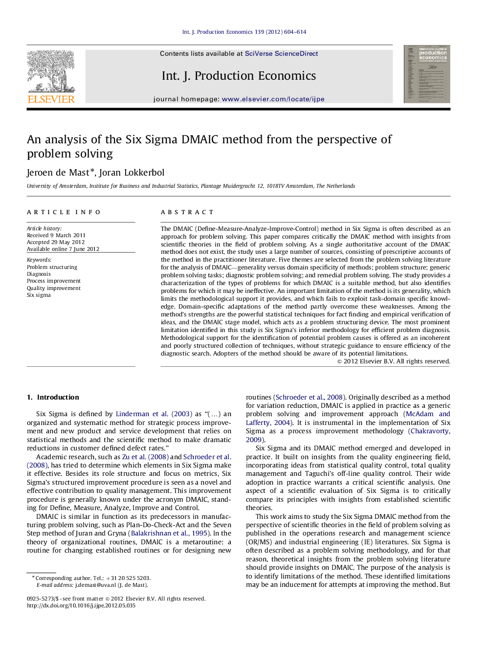 An analysis of the Six Sigma DMAIC method from the perspective of problem solving