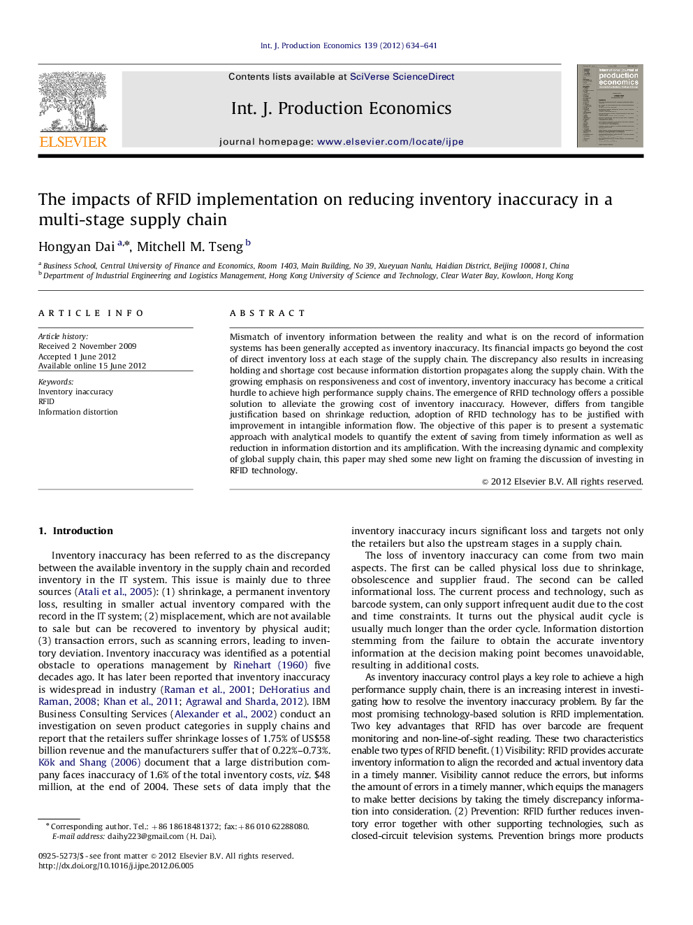 The impacts of RFID implementation on reducing inventory inaccuracy in a multi-stage supply chain