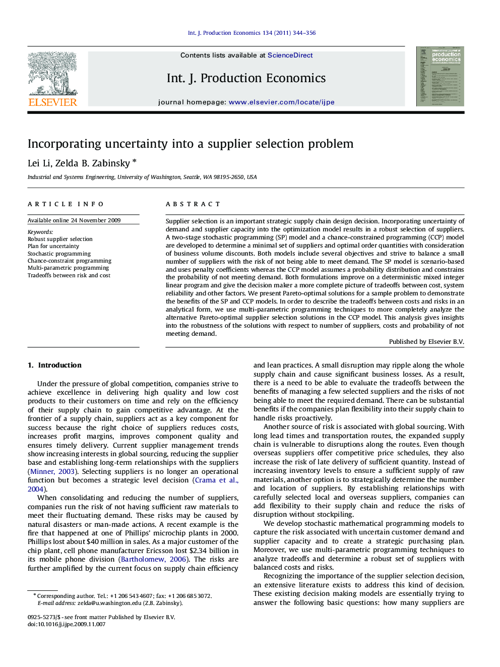 عکس صفحه اول مقاله: Incorporating uncertainty into a supplier selection problem Incorporating uncertainty into a supplier selection problem