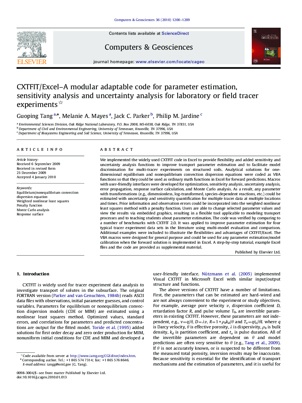 CXTFIT/Excel–A modular adaptable code for parameter estimation, sensitivity analysis and uncertainty analysis for laboratory or field tracer experiments 