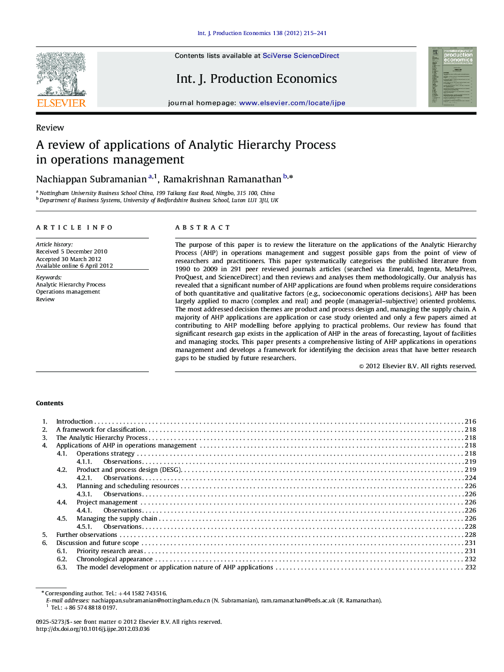 A review of applications of Analytic Hierarchy Process in operations management