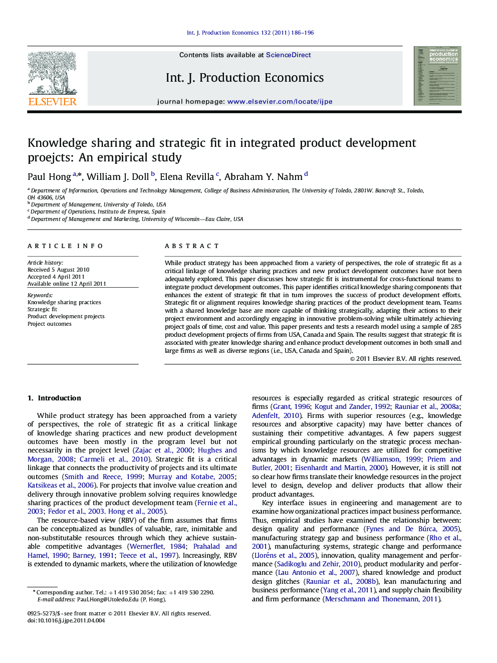 Knowledge sharing and strategic fit in integrated product development proejcts: An empirical study