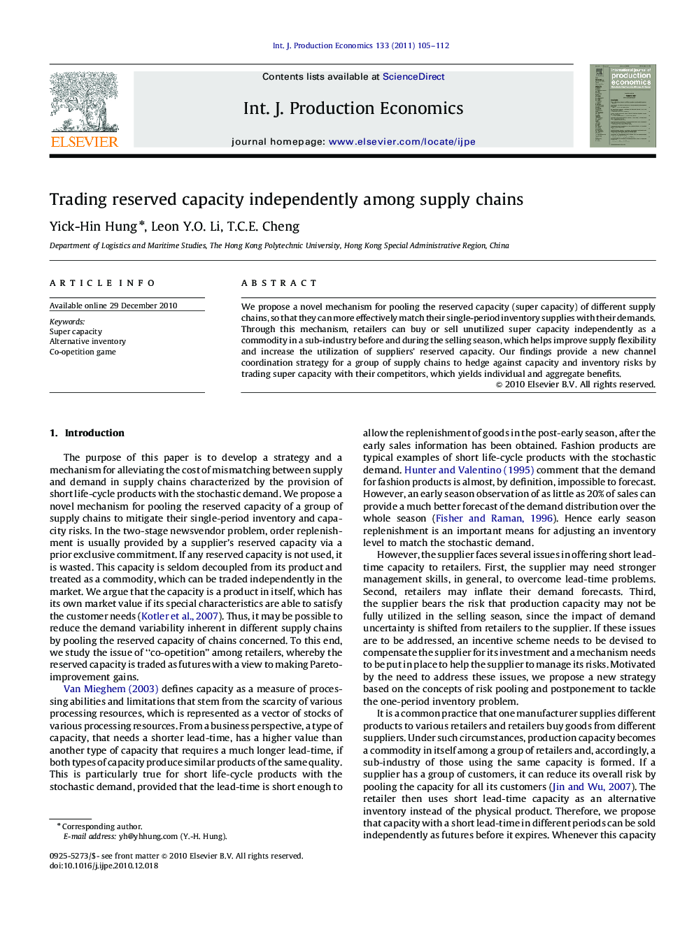 Trading reserved capacity independently among supply chains