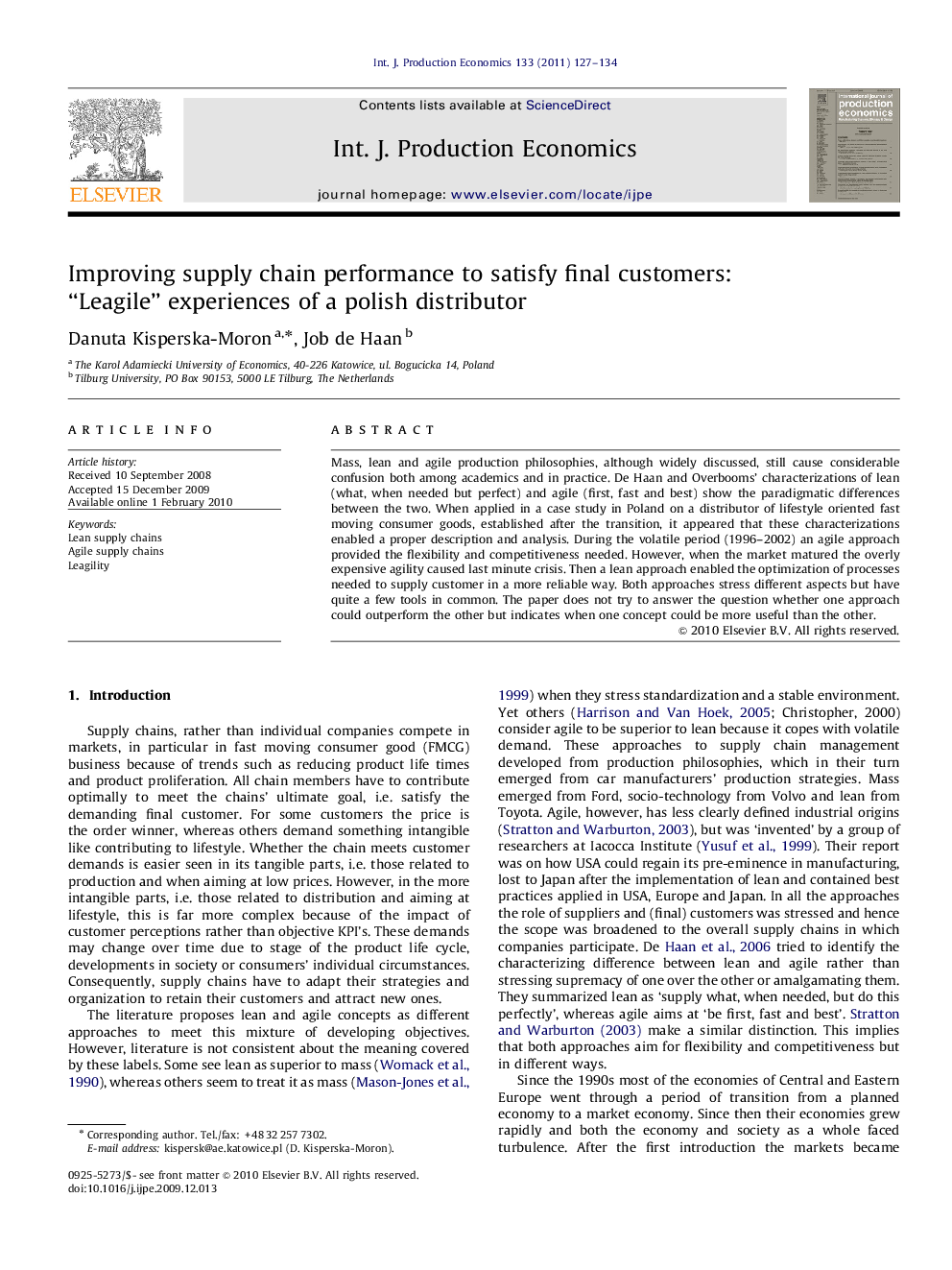 عکس صفحه اول مقاله: Improving supply chain performance to satisfy final customers: “Leagile” experiences of a polish distributor Improving supply chain performance to satisfy final customers: “Leagile” experiences of a polish distributor