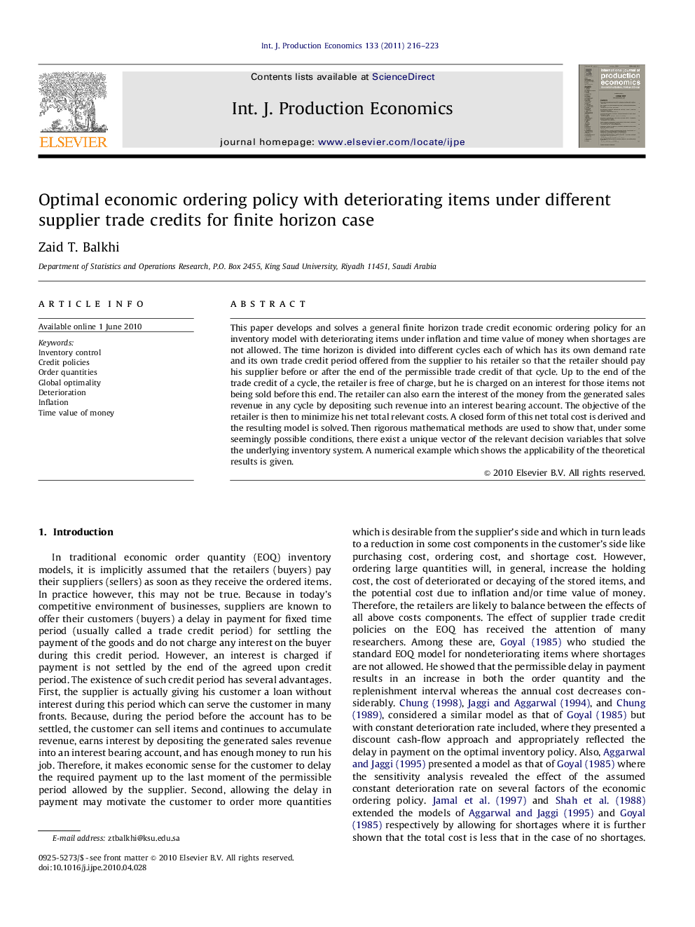 Optimal economic ordering policy with deteriorating items under different supplier trade credits for finite horizon case