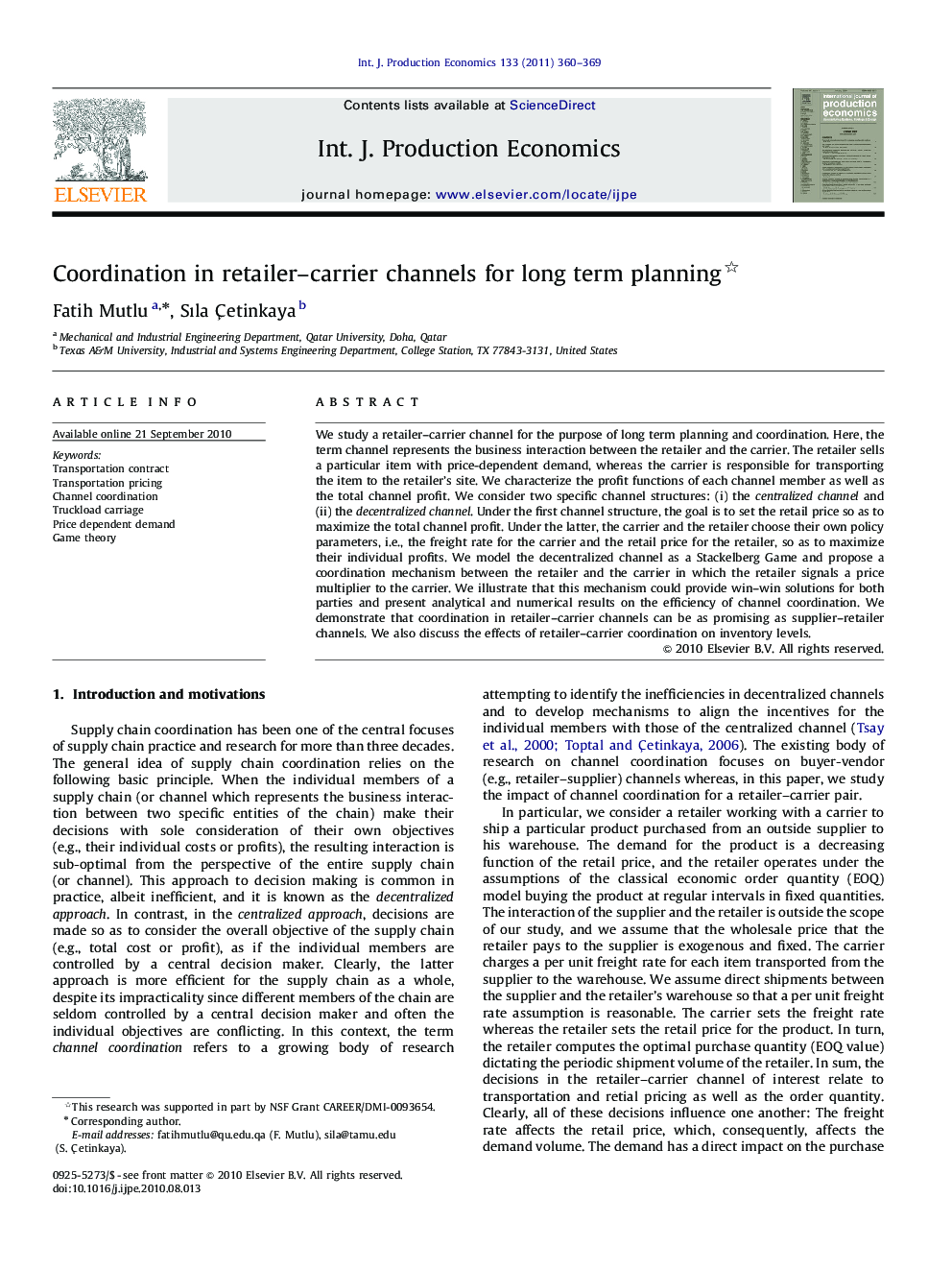 Coordination in retailer-carrier channels for long term planning