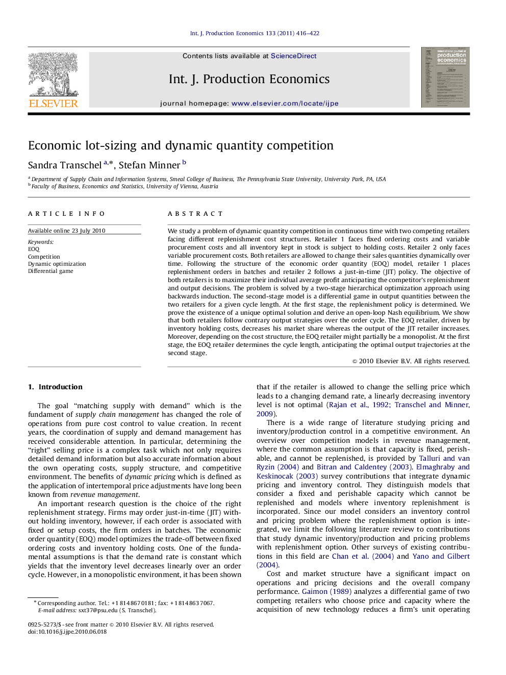 عکس صفحه اول مقاله: Economic lot-sizing and dynamic quantity competition Economic lot-sizing and dynamic quantity competition