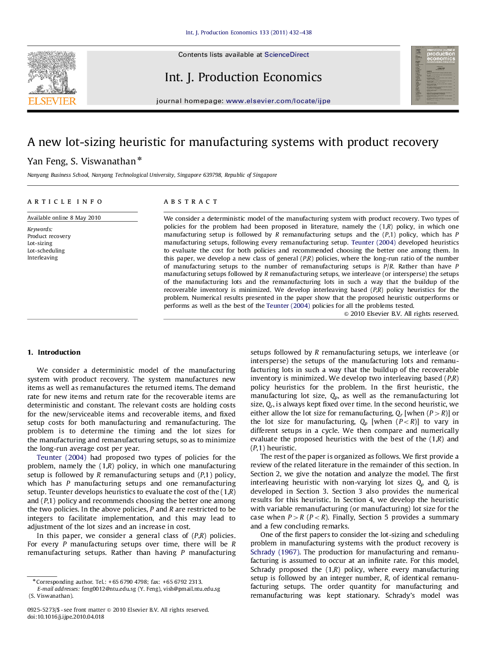 A new lot-sizing heuristic for manufacturing systems with product recovery