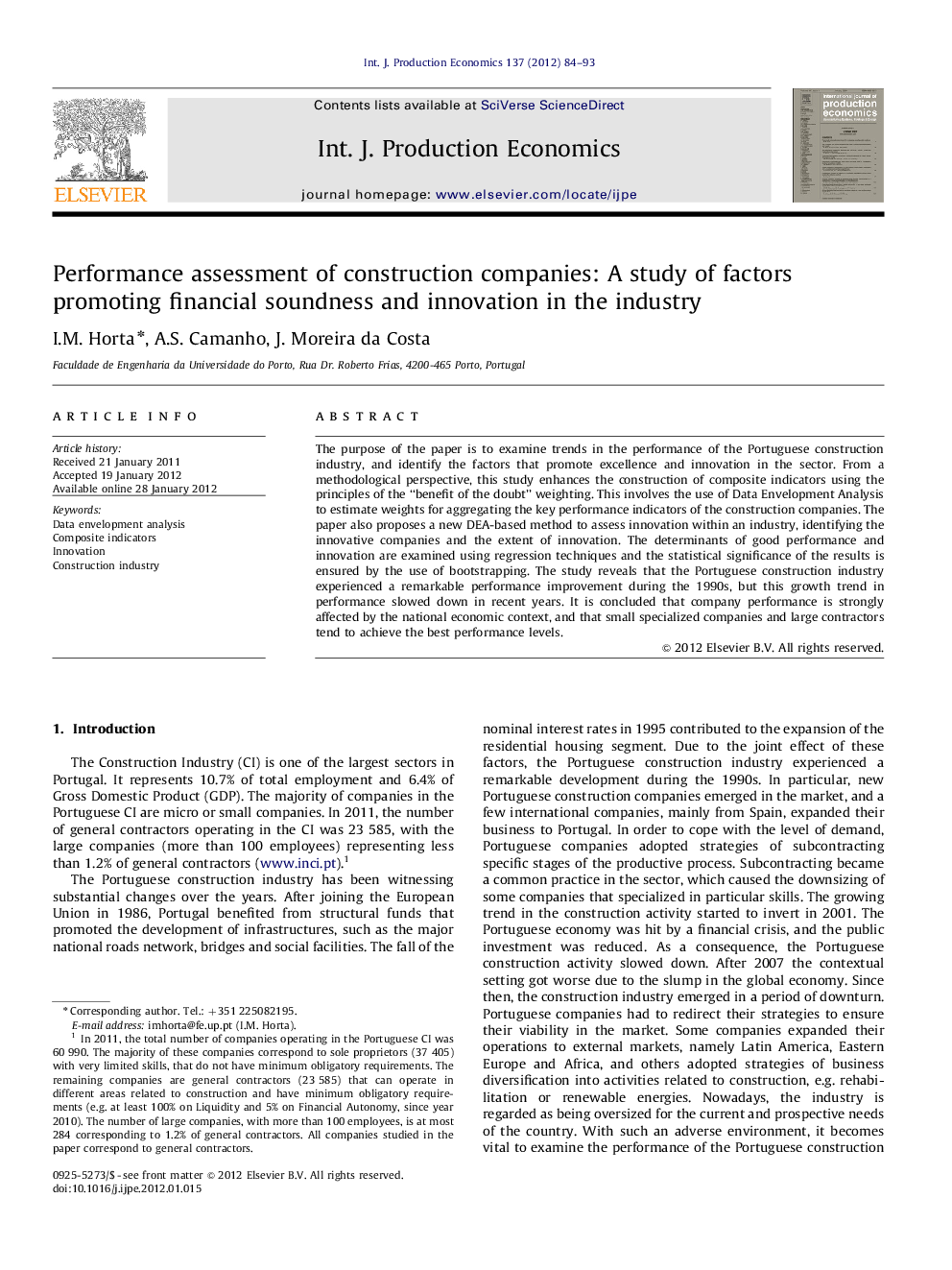 Performance assessment of construction companies: A study of factors promoting financial soundness and innovation in the industry