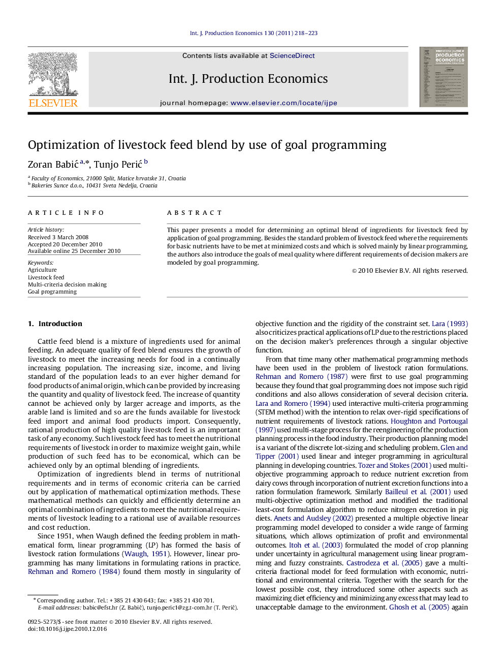 Optimization of livestock feed blend by use of goal programming