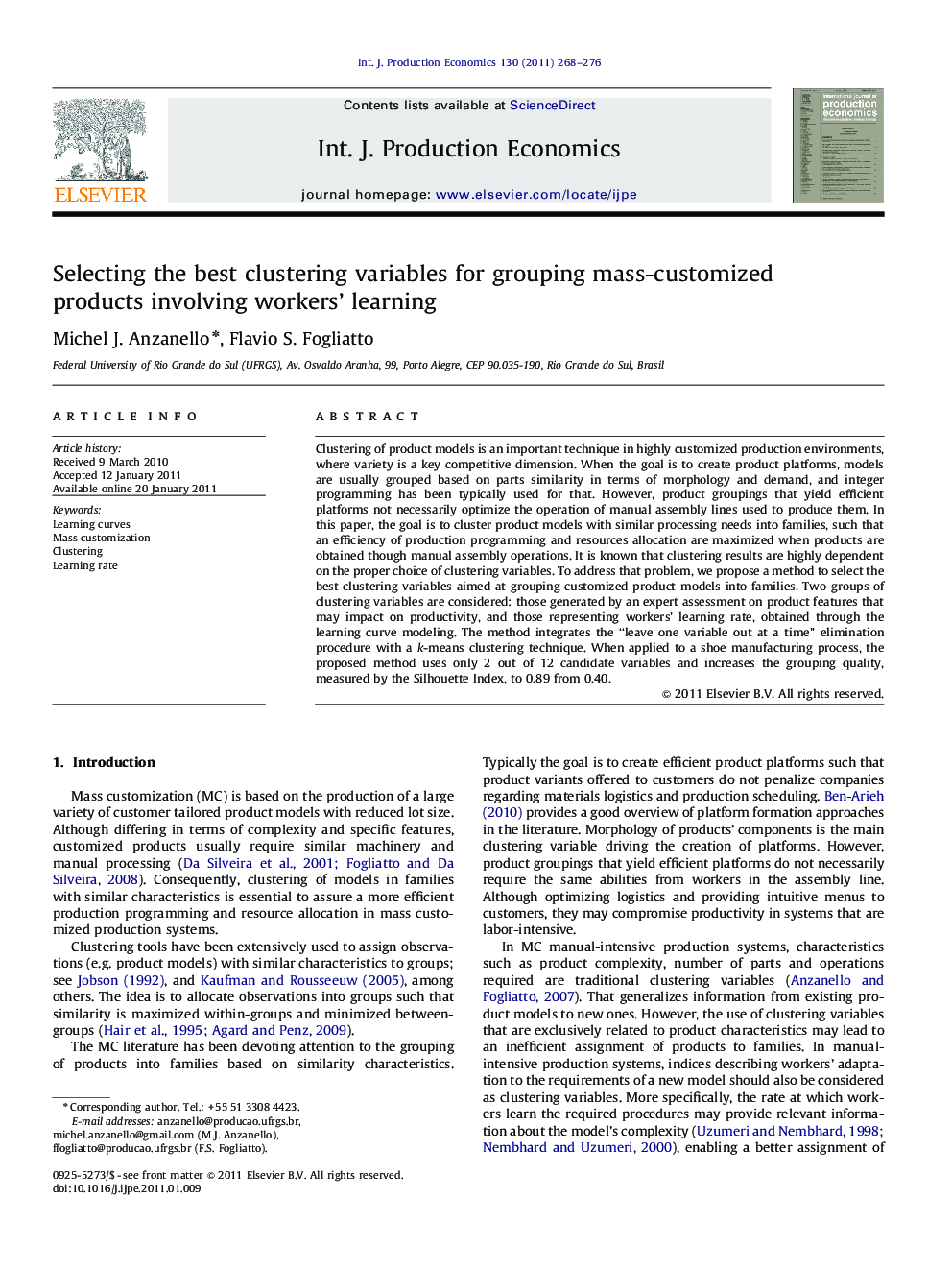 Selecting the best clustering variables for grouping mass-customized products involving workers' learning