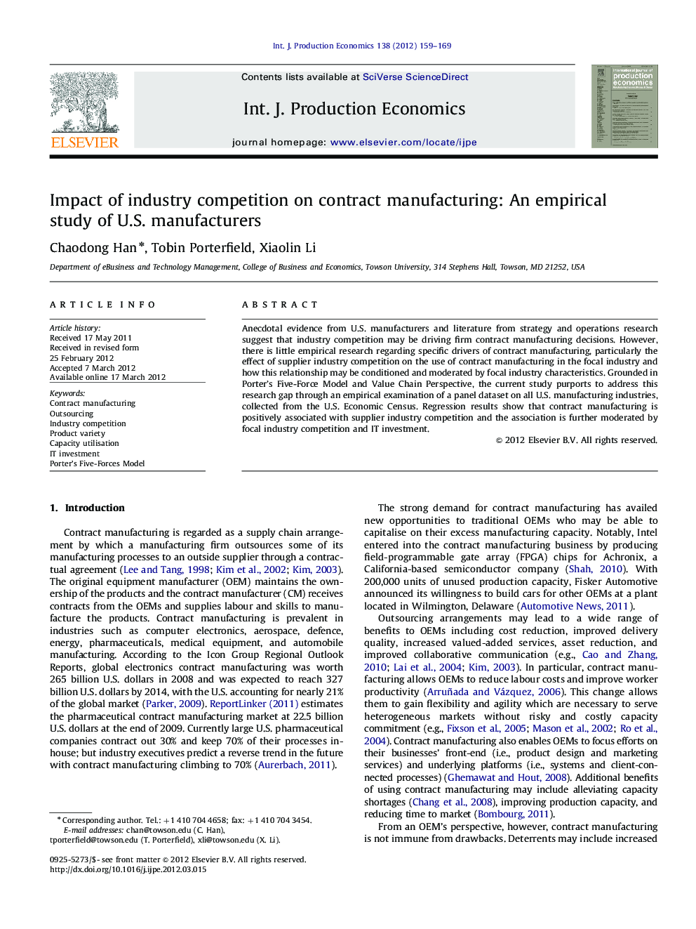 Impact of industry competition on contract manufacturing: An empirical study of U.S. manufacturers