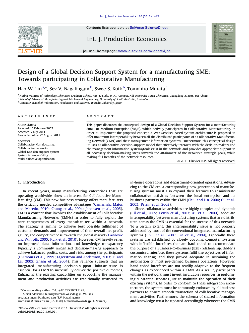 Design of a Global Decision Support System for a manufacturing SME: Towards participating in Collaborative Manufacturing