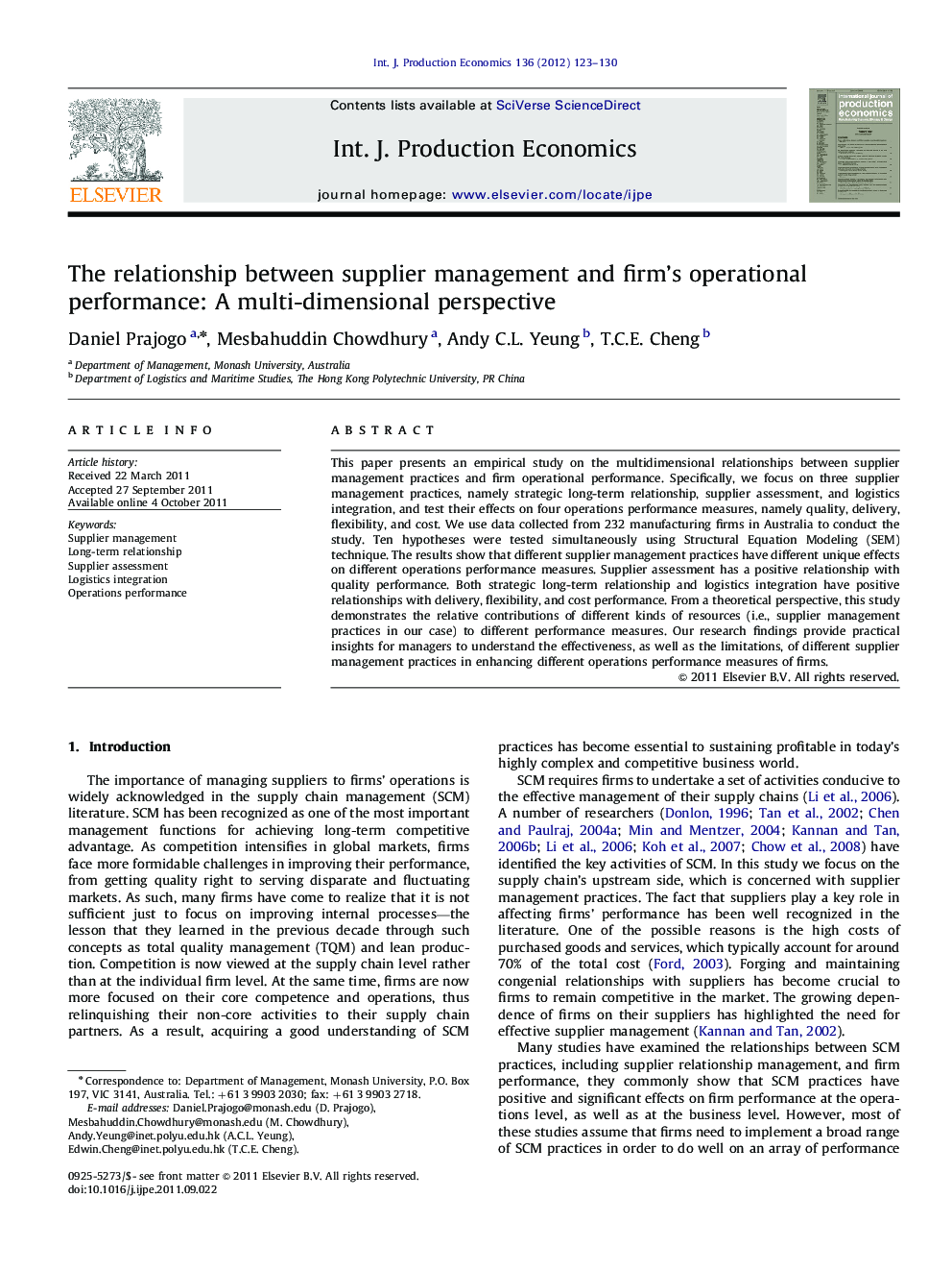 The relationship between supplier management and firm's operational performance: A multi-dimensional perspective