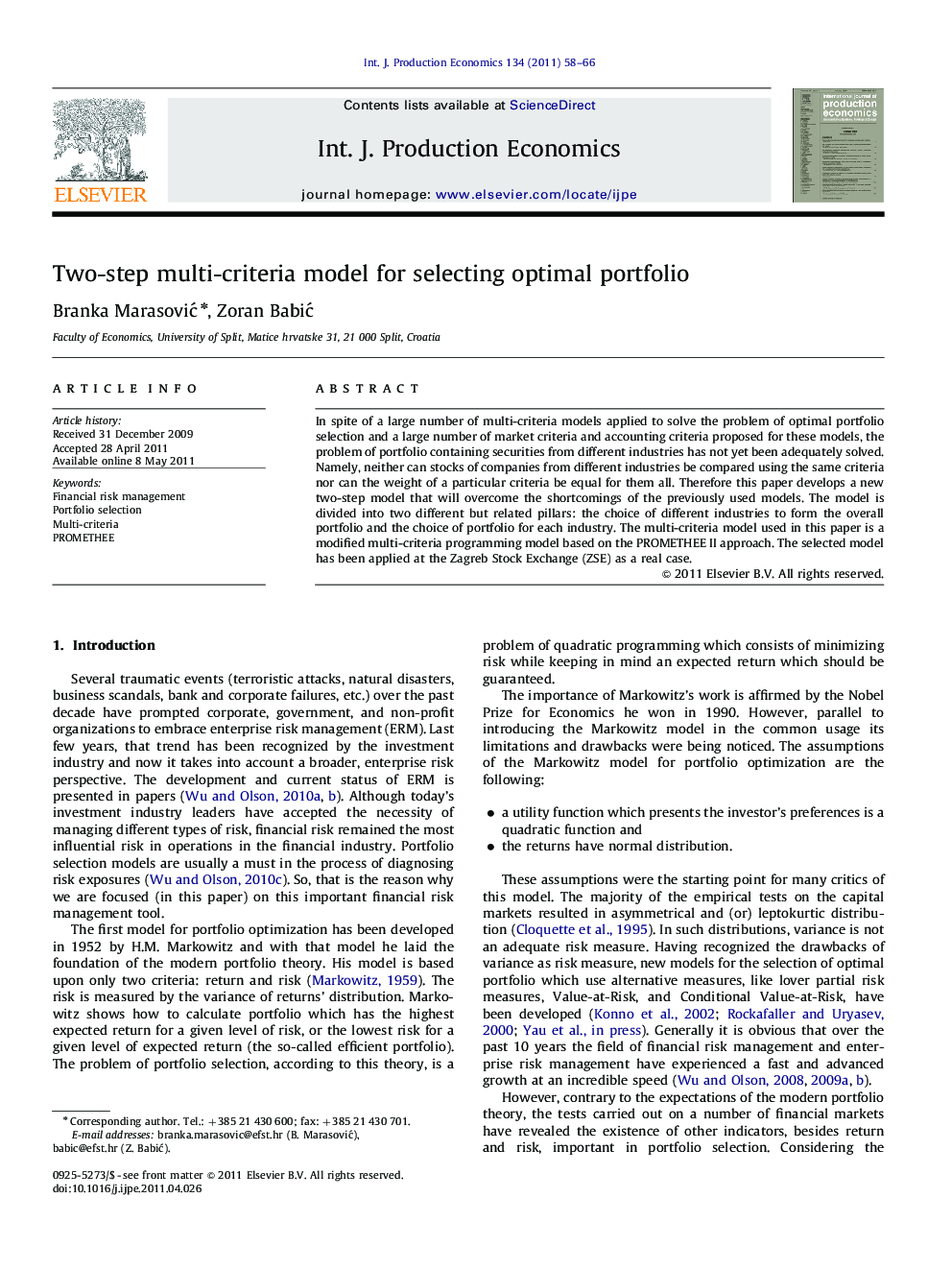 Two-step multi-criteria model for selecting optimal portfolio