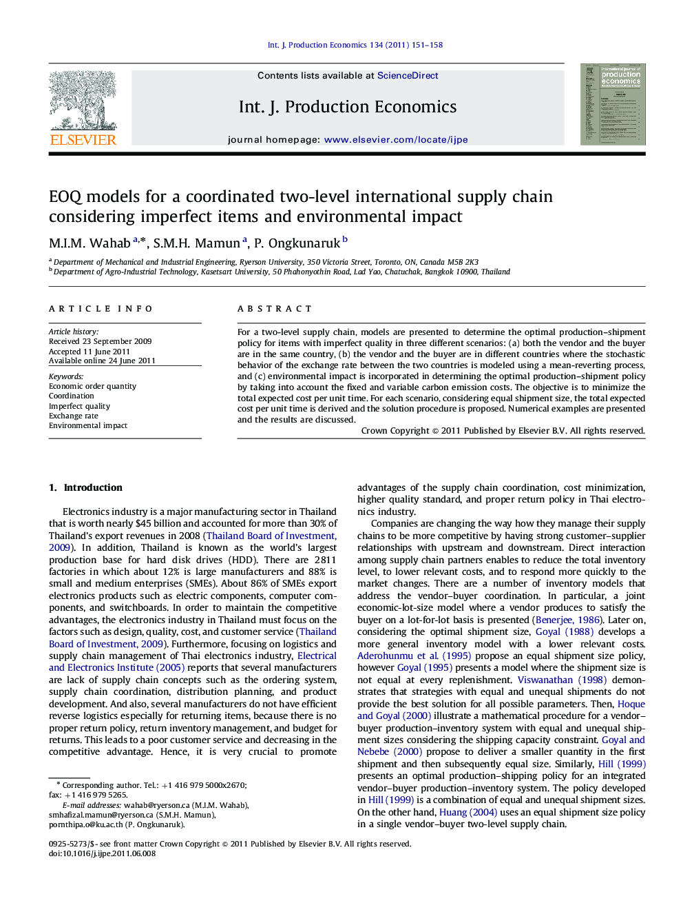 EOQ models for a coordinated two-level international supply chain considering imperfect items and environmental impact