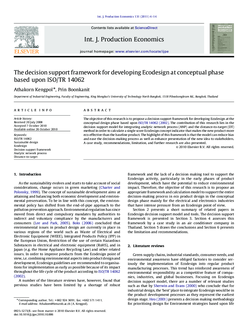 The decision support framework for developing Ecodesign at conceptual phase based upon ISO/TR 14062