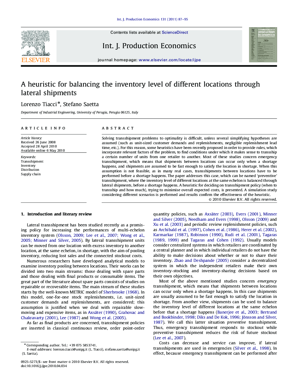 A heuristic for balancing the inventory level of different locations through lateral shipments