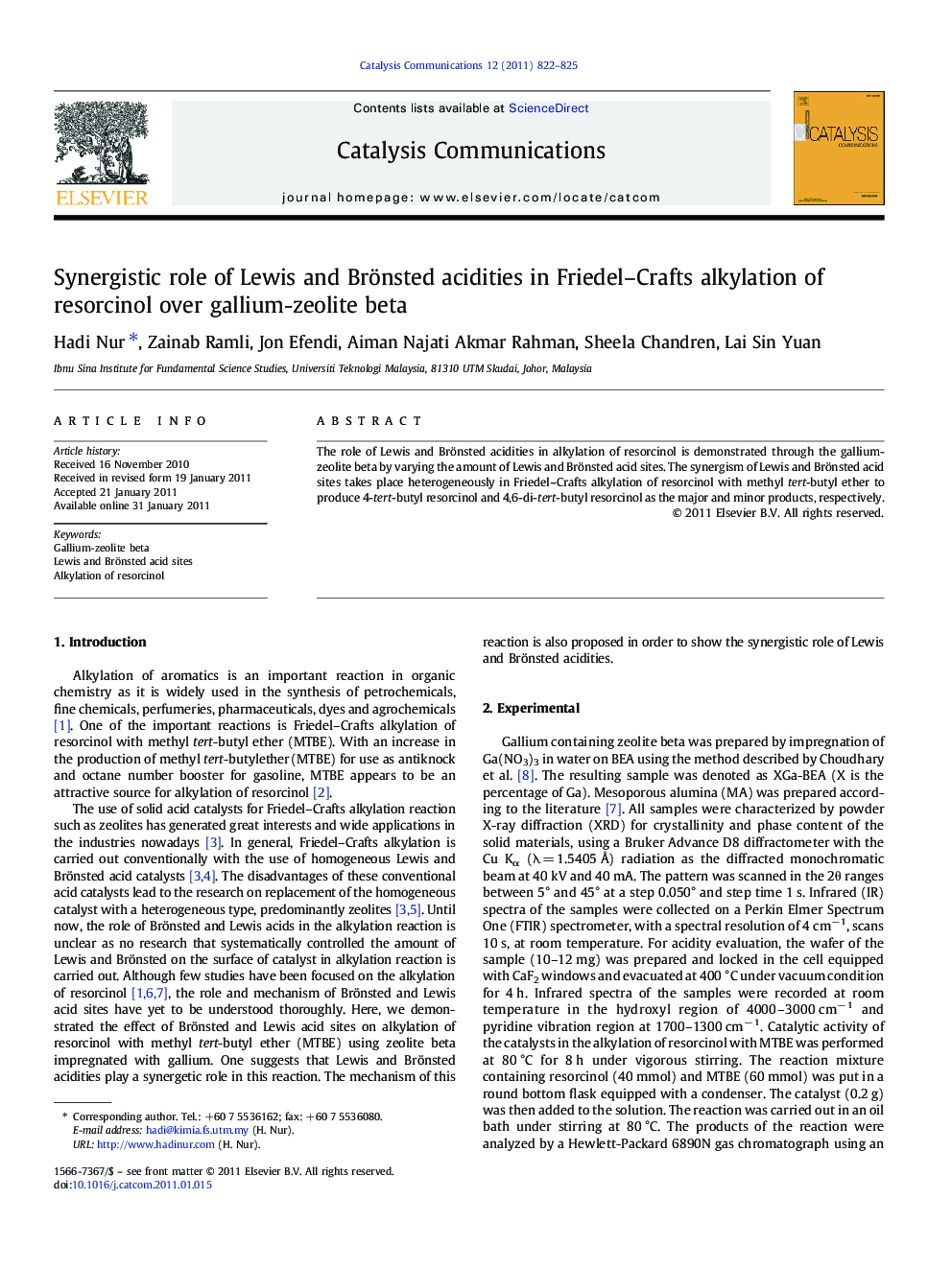 Synergistic role of Lewis and Brönsted acidities in Friedel–Crafts alkylation of resorcinol over gallium-zeolite beta