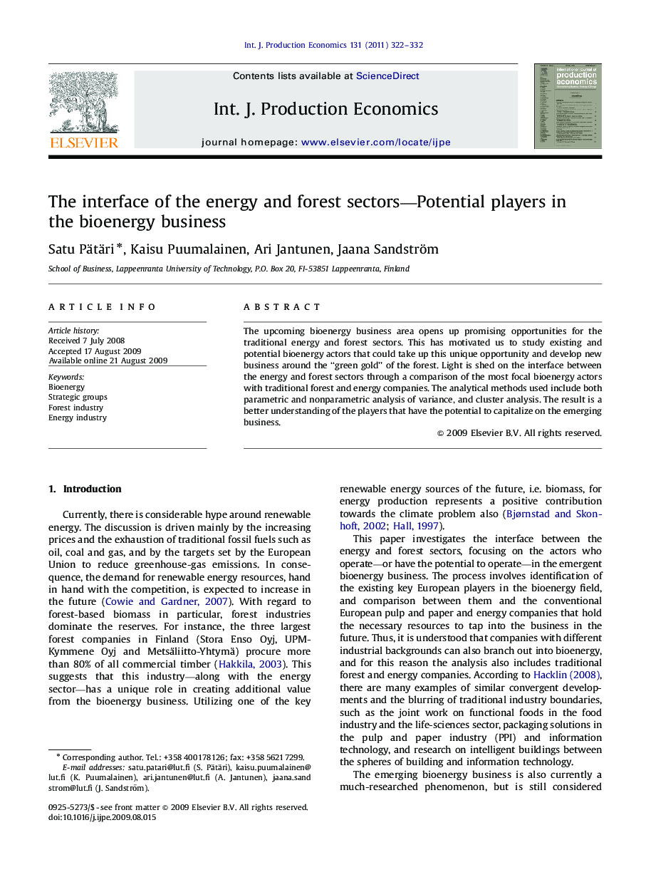 The interface of the energy and forest sectors-Potential players in the bioenergy business