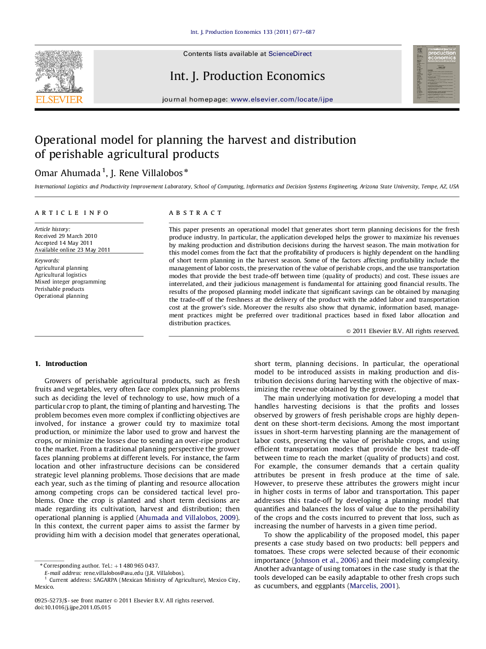 Operational model for planning the harvest and distribution of perishable agricultural products