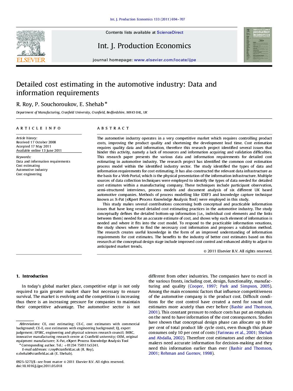 عکس صفحه اول مقاله: Detailed cost estimating in the automotive industry: Data and information requirements Detailed cost estimating in the automotive industry: Data and information requirements